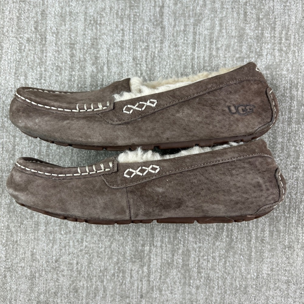 UGG Ansley Chocolate Brown Suede Wool Lined Moccasin Slippers Women US 7 EU 38